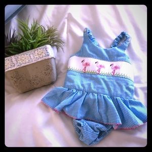 Flamingo smocked baby swimsuit